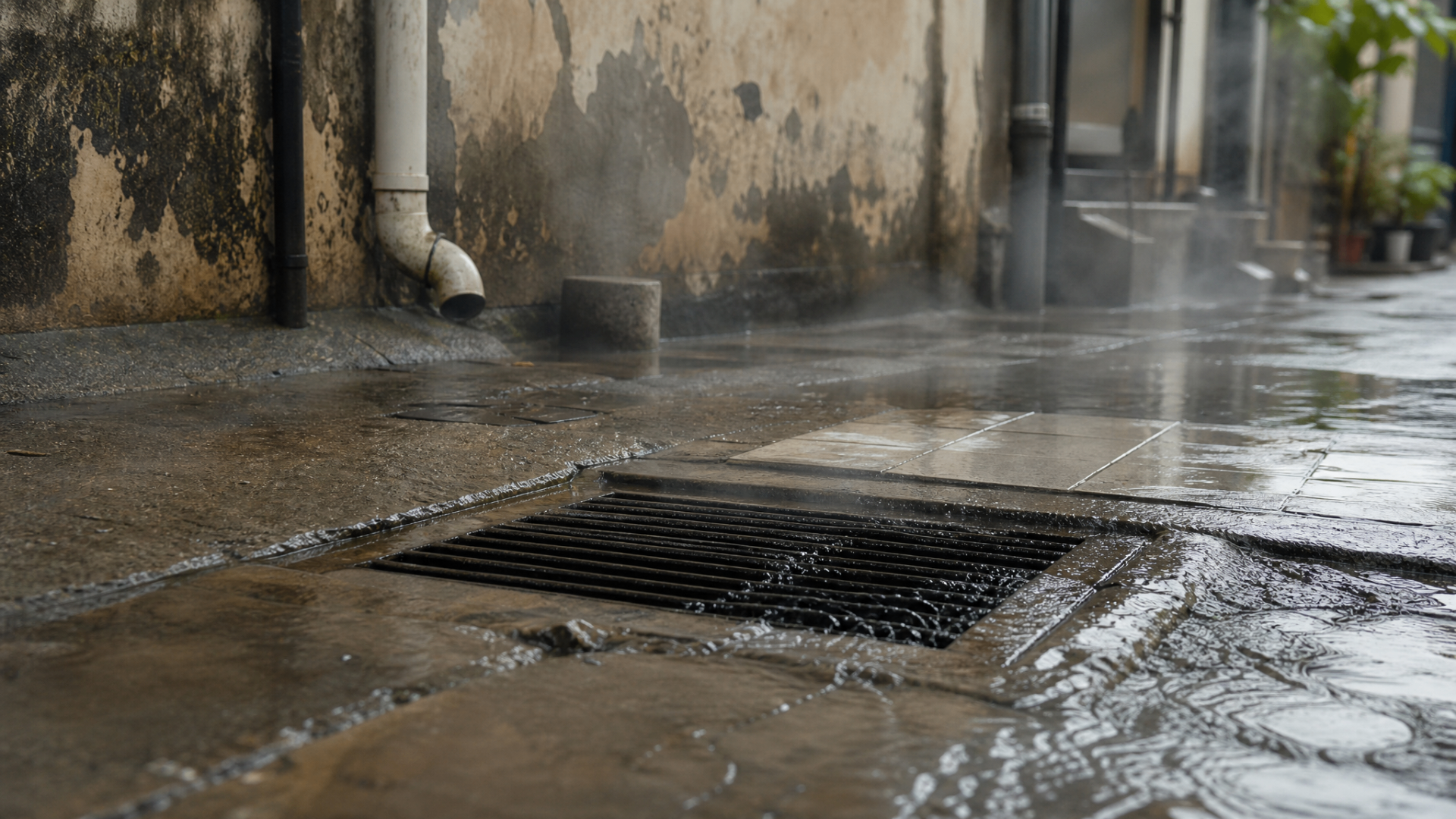 Rainwater flowing into a drain outside a Malaysian shophouse after heavy rain