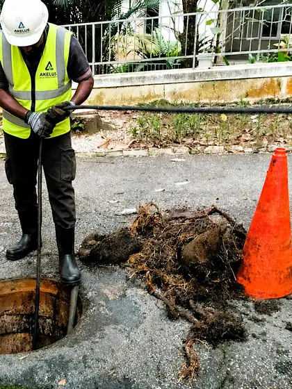 Akelus worker beside an open manhole with roots and debris removed from the sewer