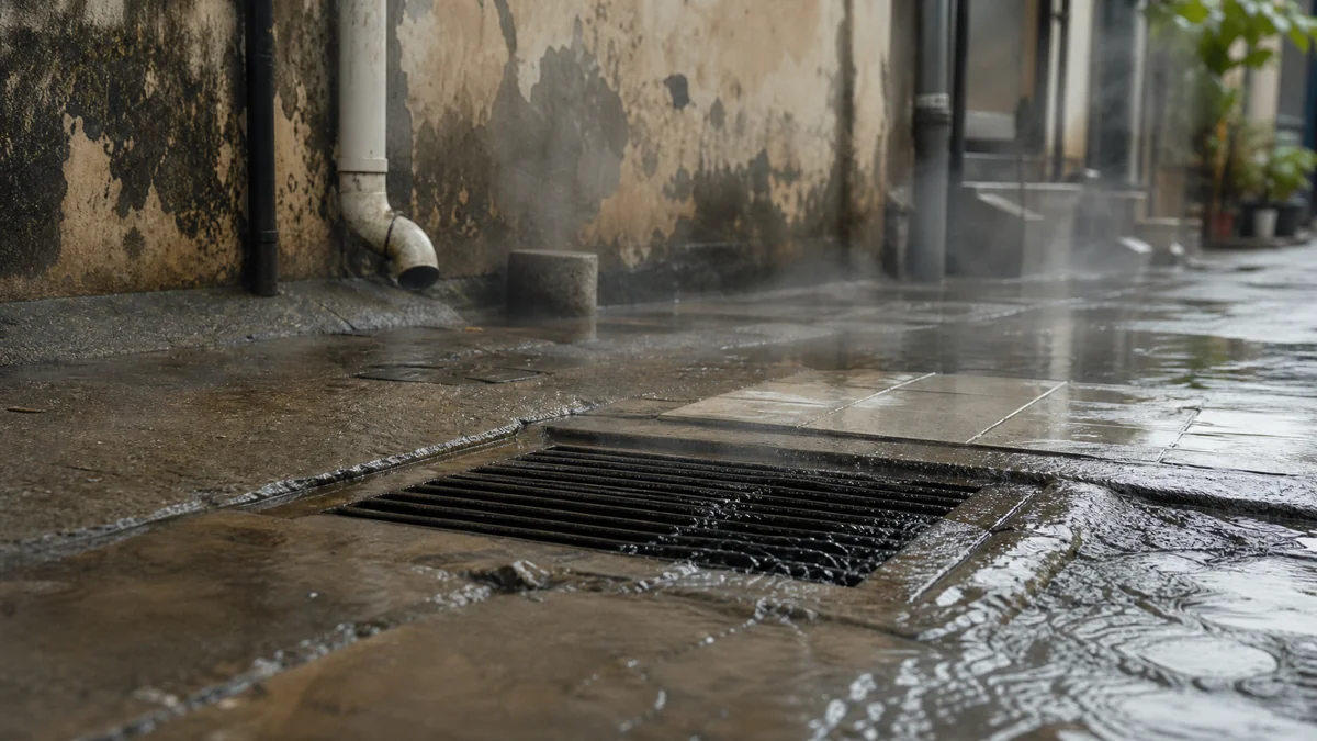 Rainwater flowing into a drain outside a Malaysian shophouse after heavy rain